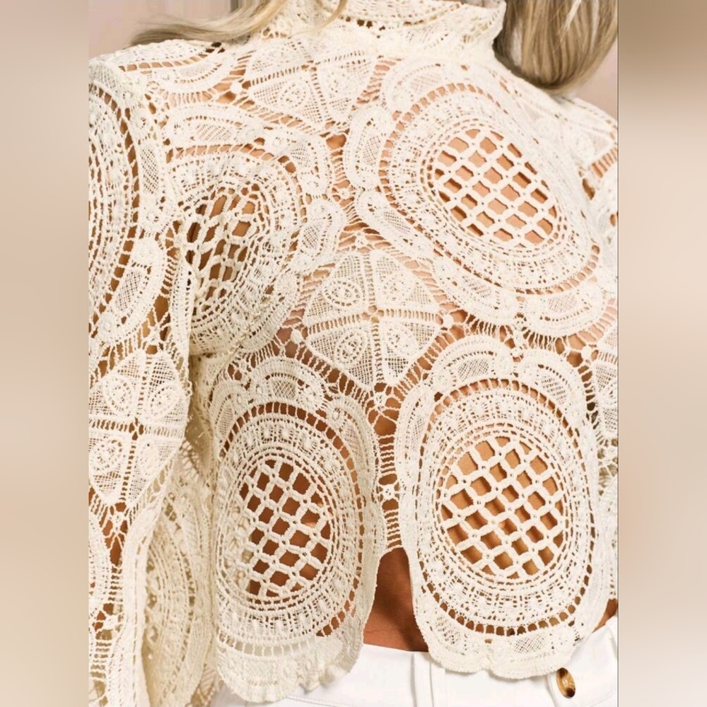 Glamine Long Sleeve StandCollar Water Soluble Flower Inlay Edge Sheer Hollow Top - Picture 5 of 7